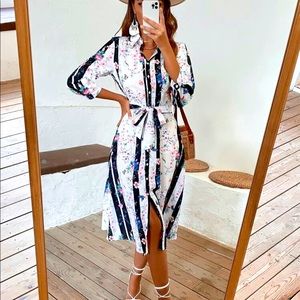 NWT Shein Striped Floral Belted Dress Size Large
